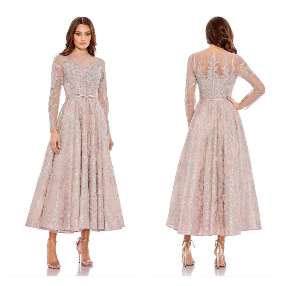 Mac Duggal 20337 NWOT EMBELLISHED BOW BELT ILLUSION LONG SLEEVE A LINE DRESS